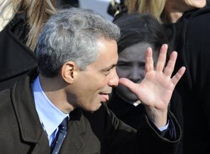 Rahm Emanuel playfully thumbing nose at collegues